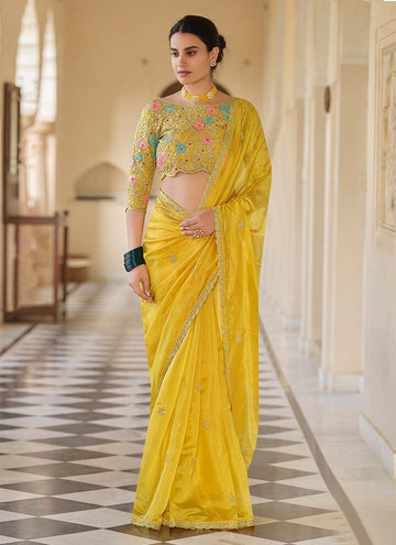 Zari Work Stylish Yellow Organza Saree For Haldi Ceremony